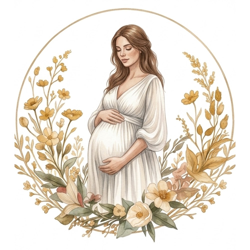 Ilustración de una mujer embarazada con las manos sobre el vientre, rodeada de un círculo de flores doradas: pack Embarazo Consciente